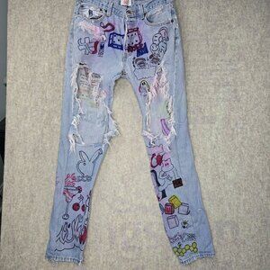 Levis 501 Distressed Painted Denim Jeans